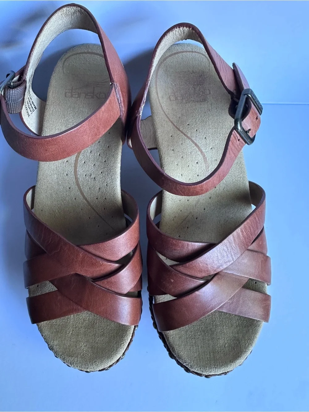 Dansko Ankle Strap Leather Sandals | High-Heel Wedge, Size 5.5